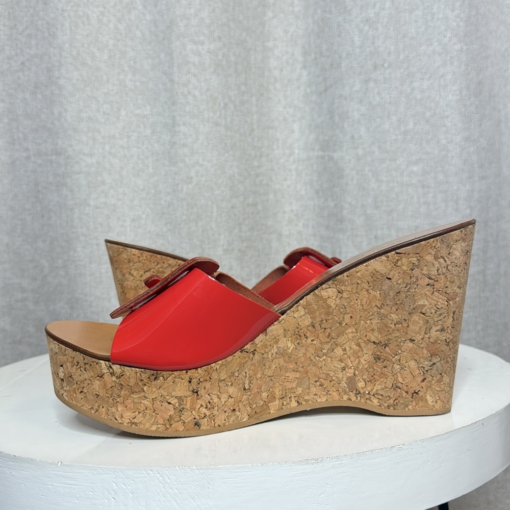 ANNE KLEIN LEXA RED PATENT CORK PLATFORM WEDGE SANDALS BUCKLE SLIDE **NWT** - Picture 8 of 14